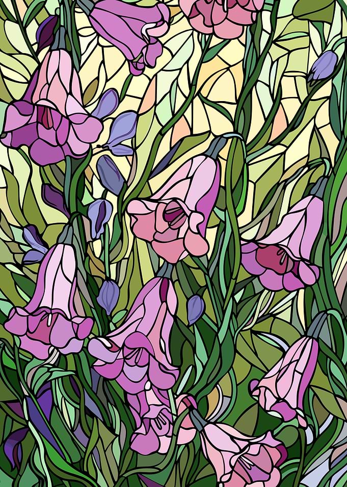 Stained Glass Bluebells and Greenery
