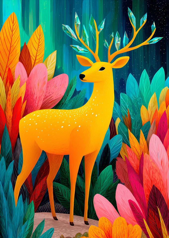 Golden Deer in a Crystal Forest