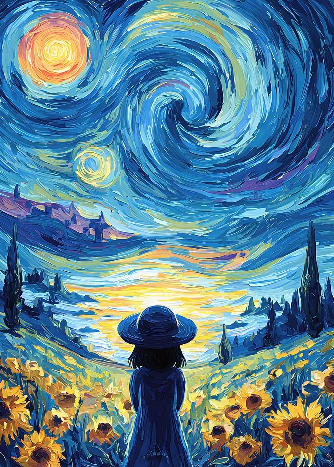 Girl in Sunflower Field Under Starry Sky