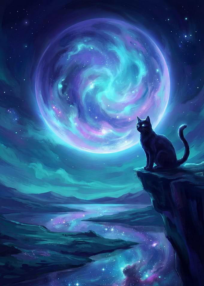 Black Cat Gazing at Cosmic Moon