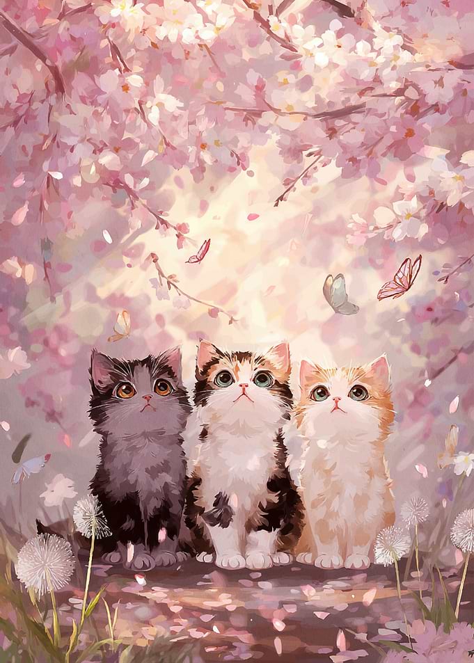 Three Kittens Under Cherry Blossoms
