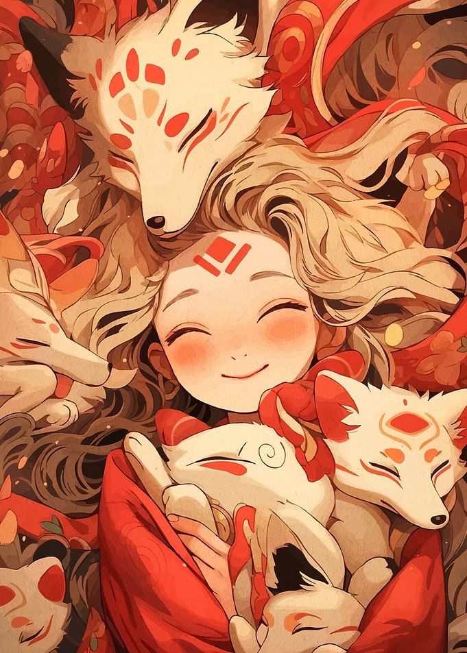 Girl Hugging Kitsune Foxes