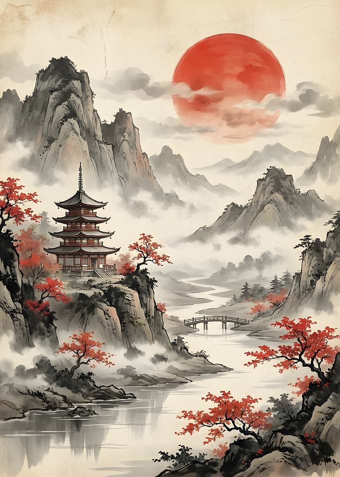 Pagoda in Misty Mountains with Red Sun