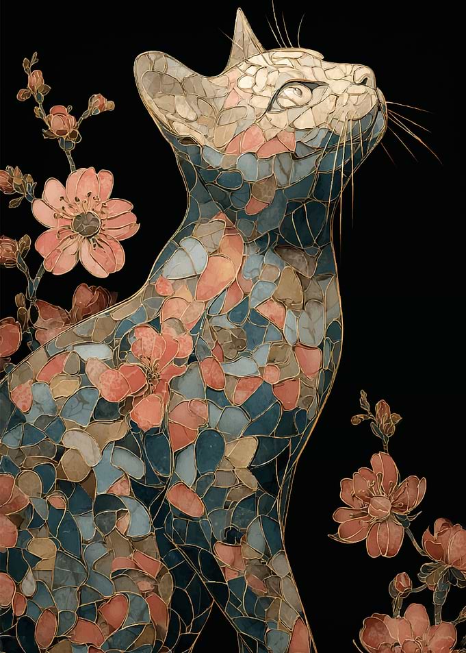 Mosaic Cat with Flowers