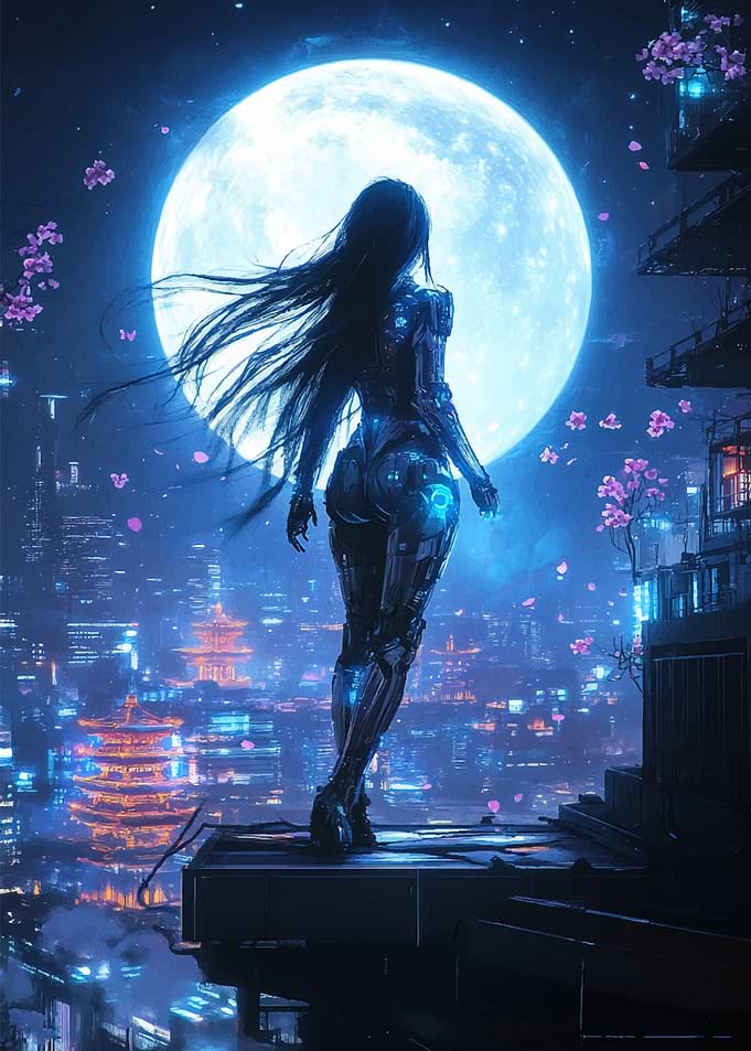 Cyberpunk Woman Under a Giant Moon
