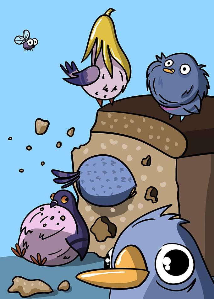 Pigeons and a Fly on a Giant Crumb