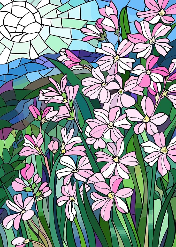 Stained Glass Pink Flowers and Sun