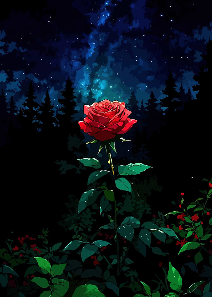 Red Rose Under a Starry Night Sky