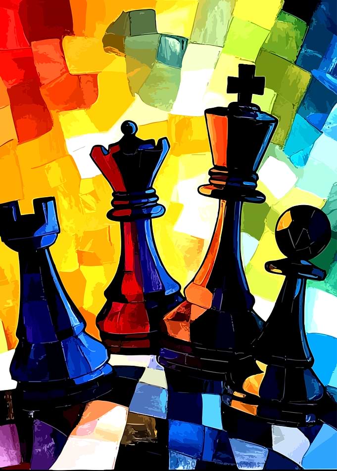 Abstract Chess Pieces on Colorful Board