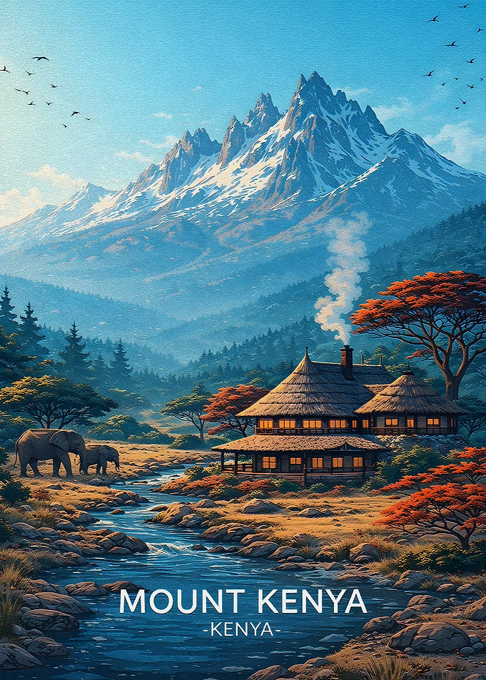 Mount Kenya Landscape with Elephants