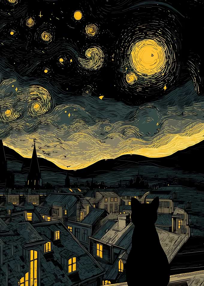 Cat overlooking Van Gogh-inspired cityscape