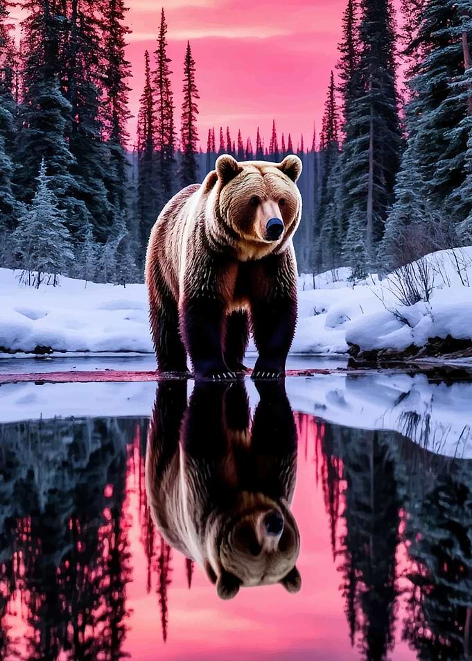 Bear Reflection in Snowy Landscape