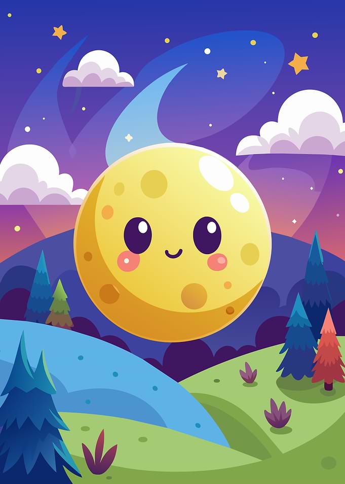 Cute Moon Character in a Night Landscape