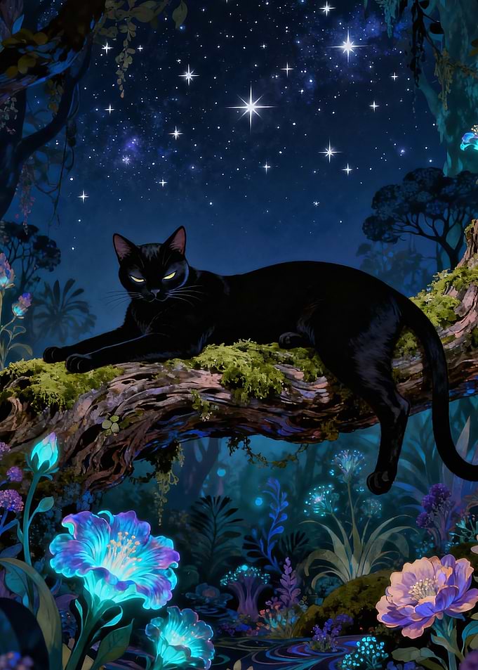Black Cat in a Mystical Forest