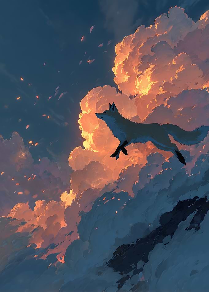 Fox Leaping Through Sunset Clouds