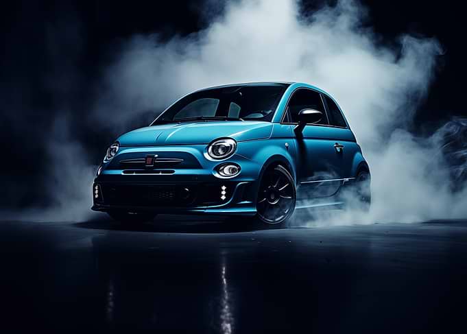 Blue Fiat 500 in Smoke