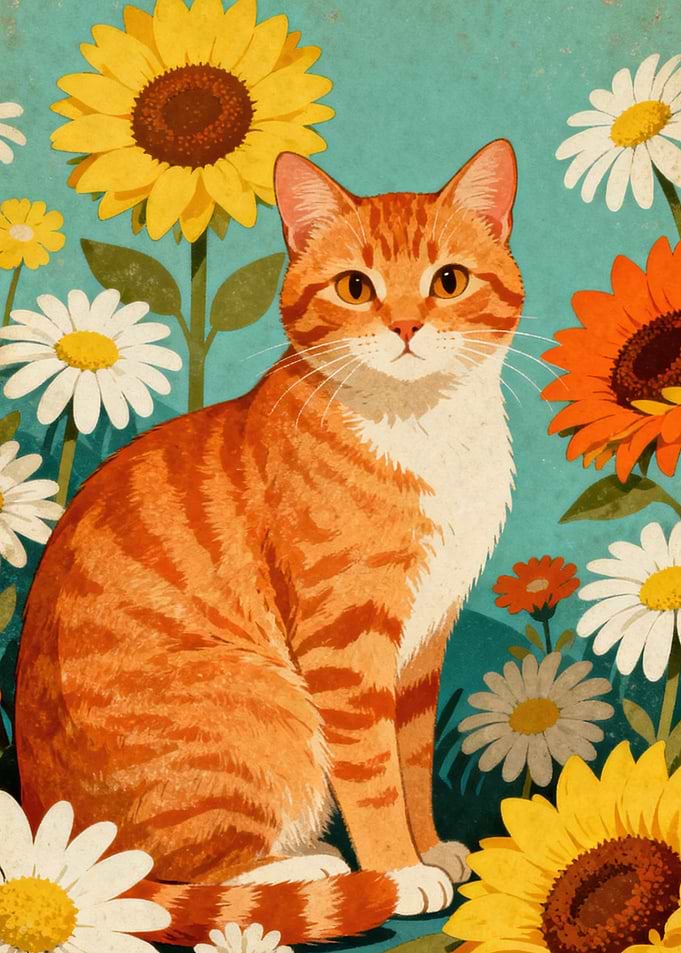 Orange Tabby Cat in a Field of Flowers
