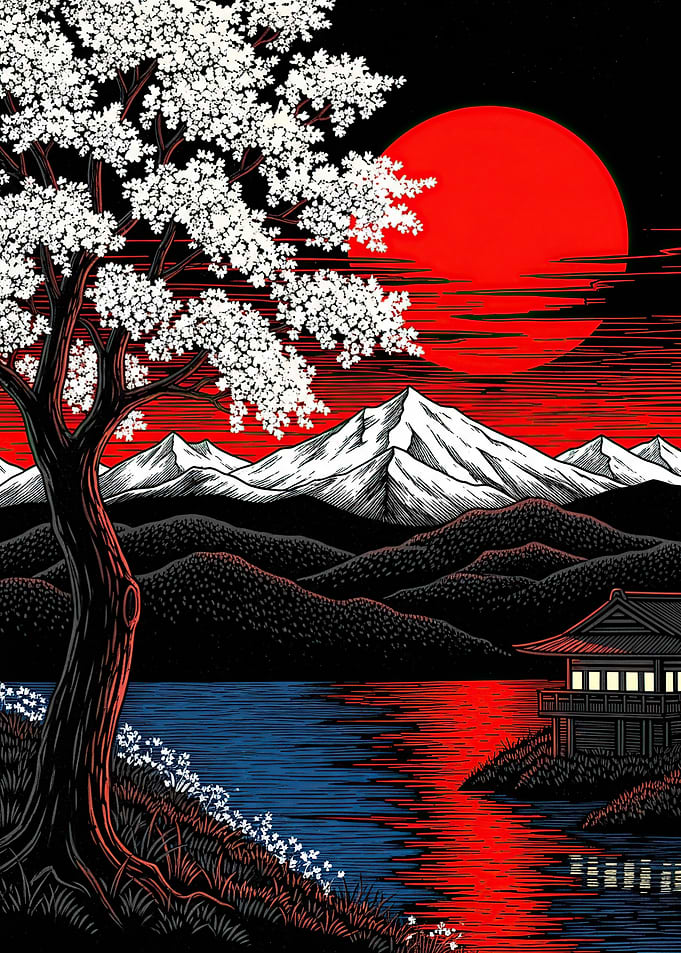 Japanese Landscape with Cherry Blossoms and Red Sun