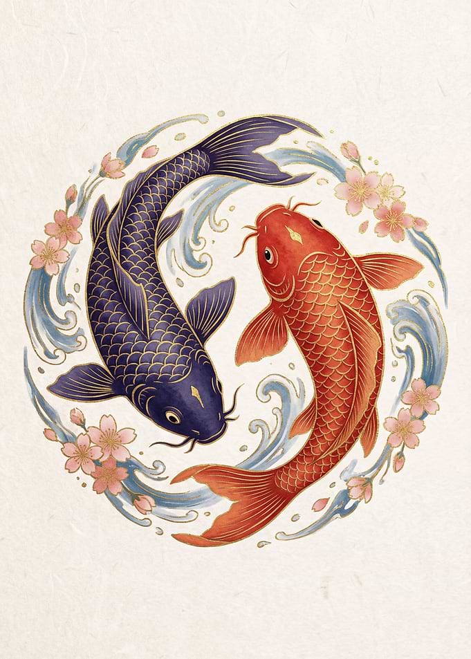 Yin Yang Koi Fish and Cherry Blossoms