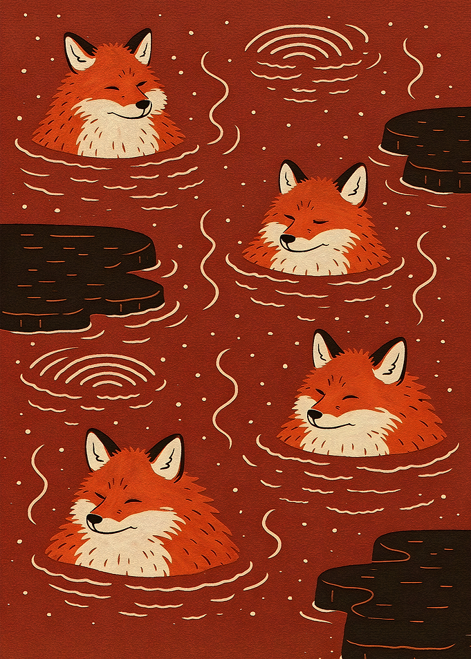 Cute Foxes Relaxing in Hot Springs