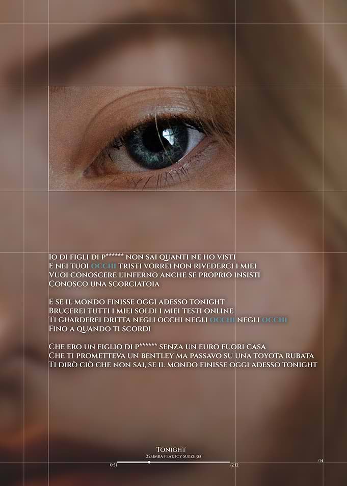 Close-up of a human eye with lyrics