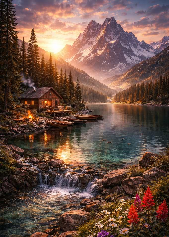 Mountain Lake Cabin at Sunset