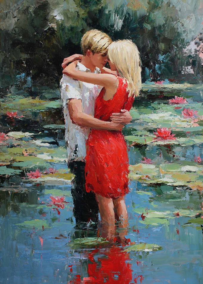 Couple Embracing in a Water Lily Pond