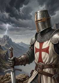 Knight with Sword in Stormy Landscape