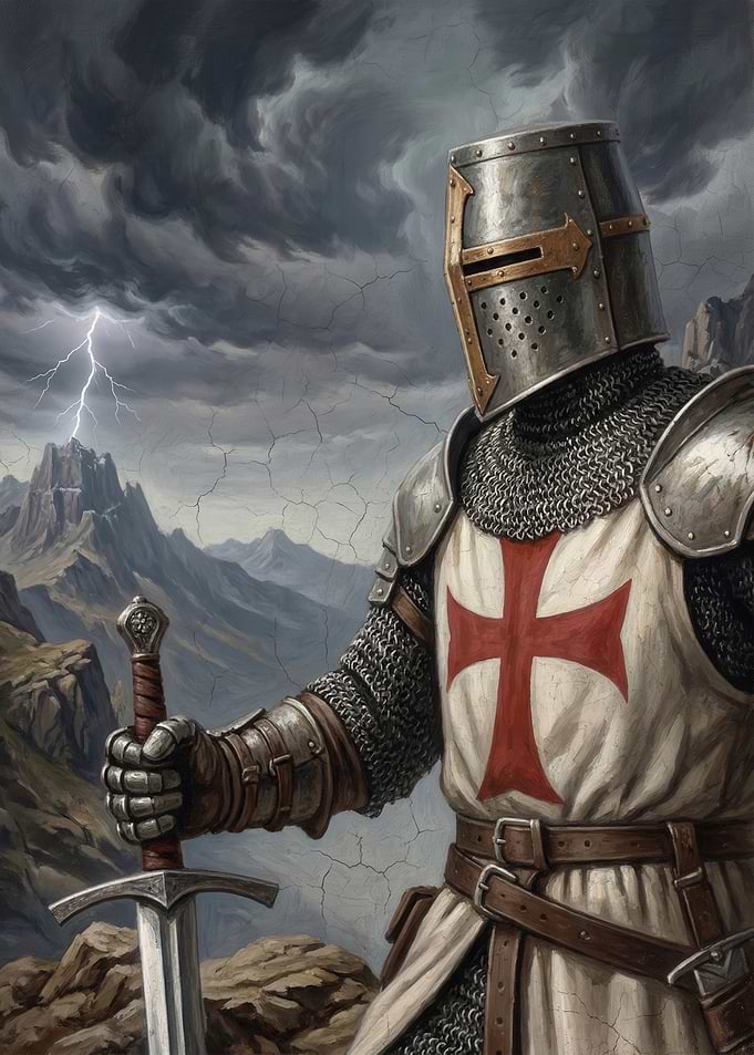 Knight with Sword in Stormy Landscape