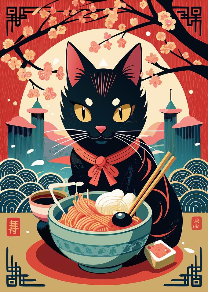 Black Cat Eating Ramen
