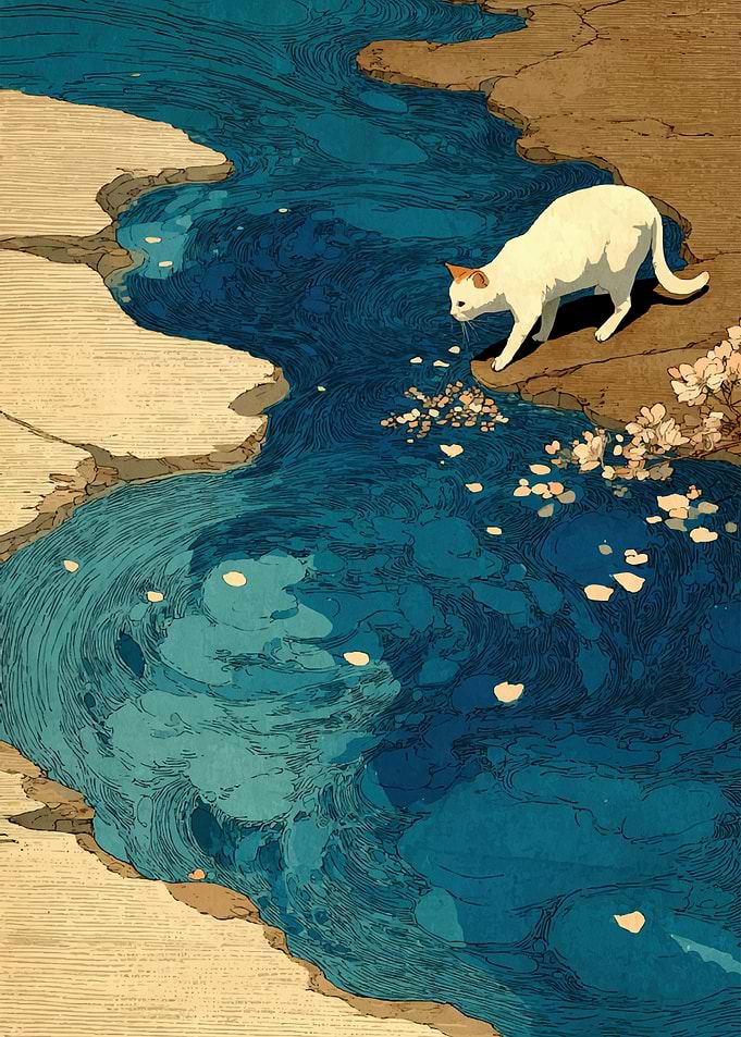 Cat by a flowing river with petals