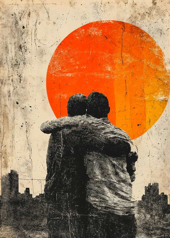 Couple Hugging Sun Cityscape Art