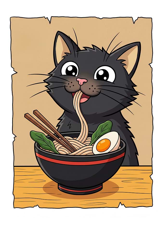 Cute Black Cat Eating Ramen Food