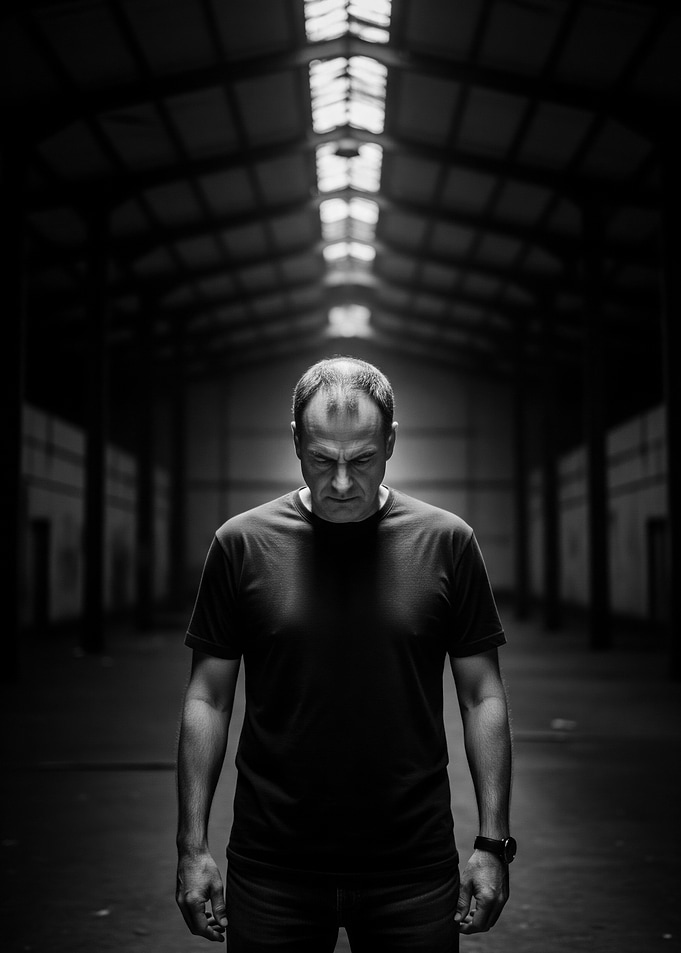 Man in dark warehouse