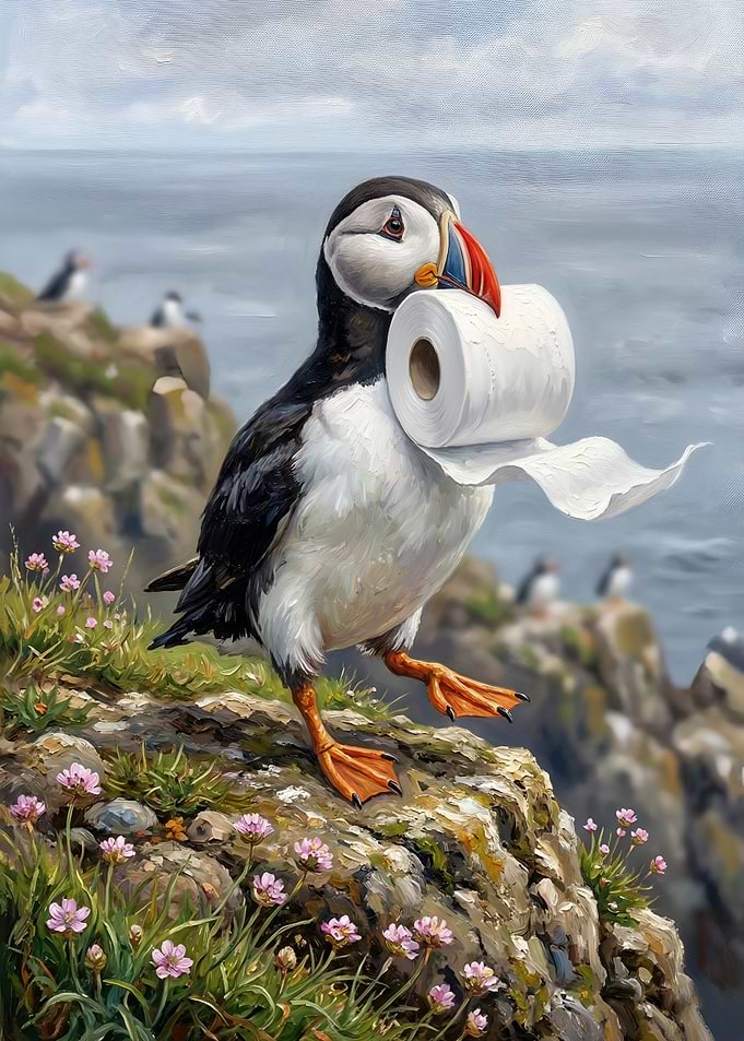 Puffin carrying toilet paper