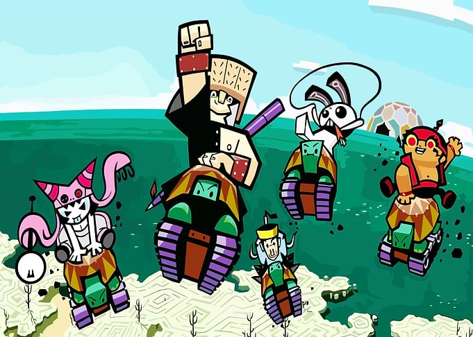 Cartoon characters riding tanks