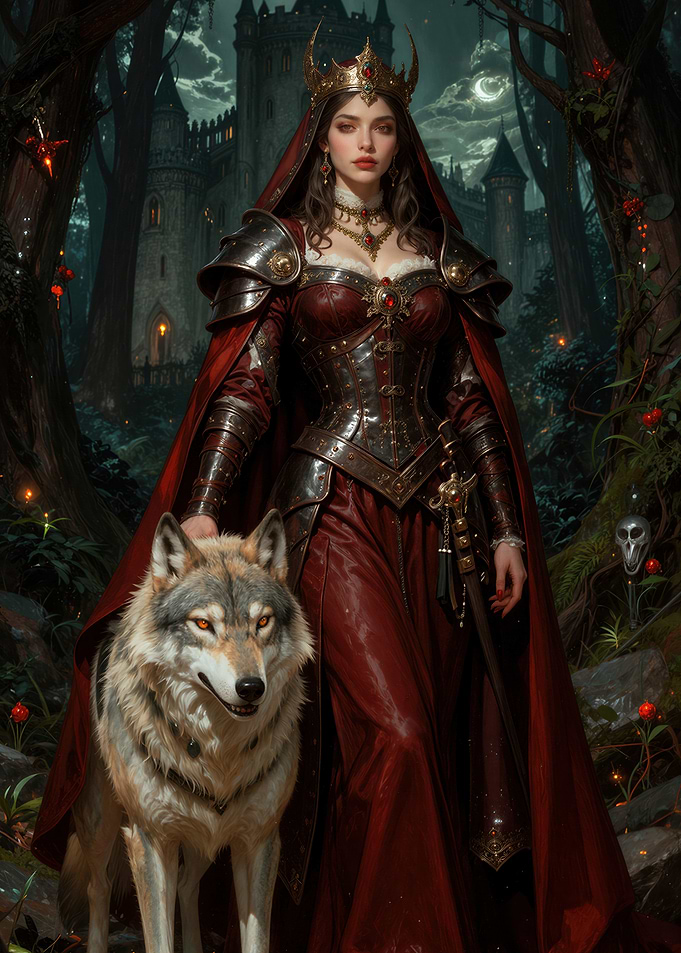 Queen with Wolf in Dark Forest
