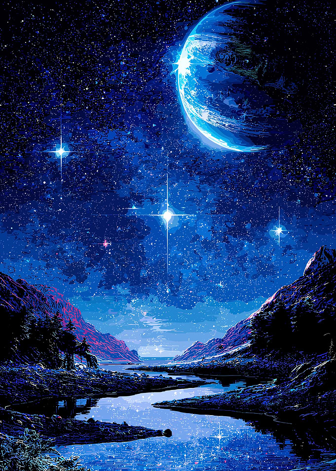Alien Planet Landscape with Earth