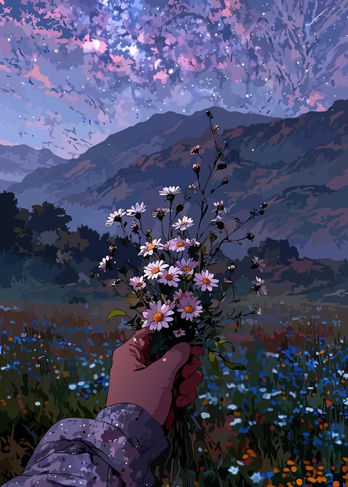Hand holding daisies under starry sky