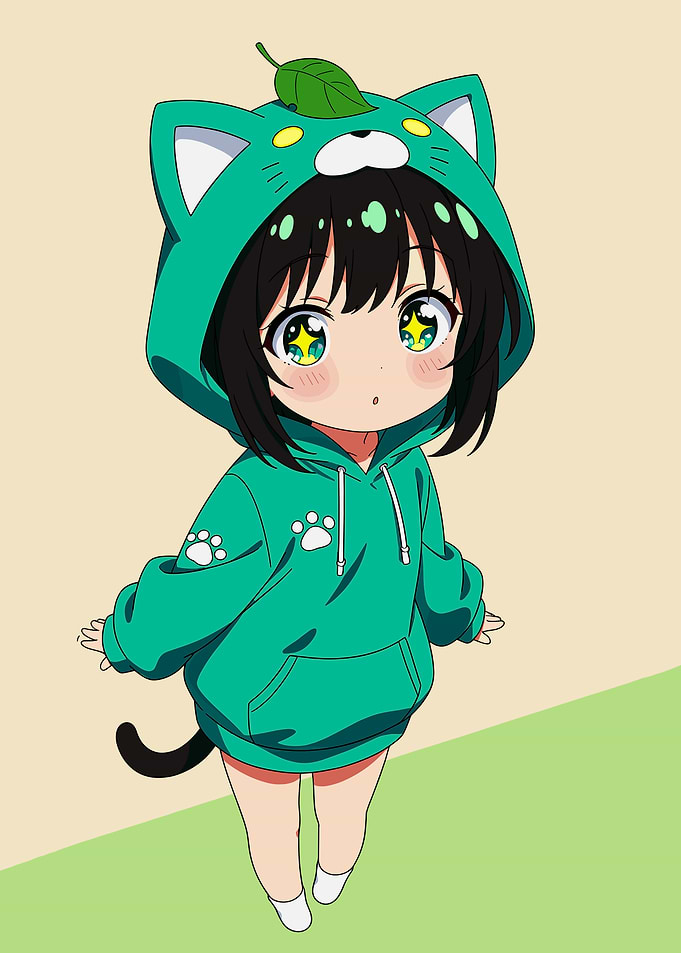 Cute Anime Girl in Cat Hoodie