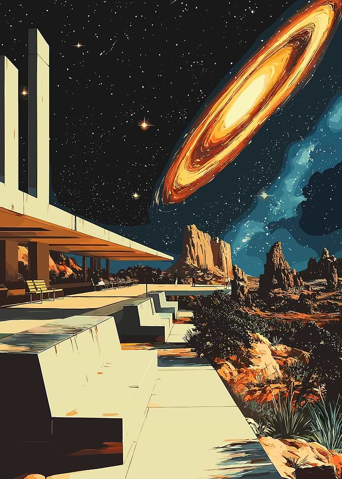 Retro Sci-Fi Desert Landscape with Galaxy