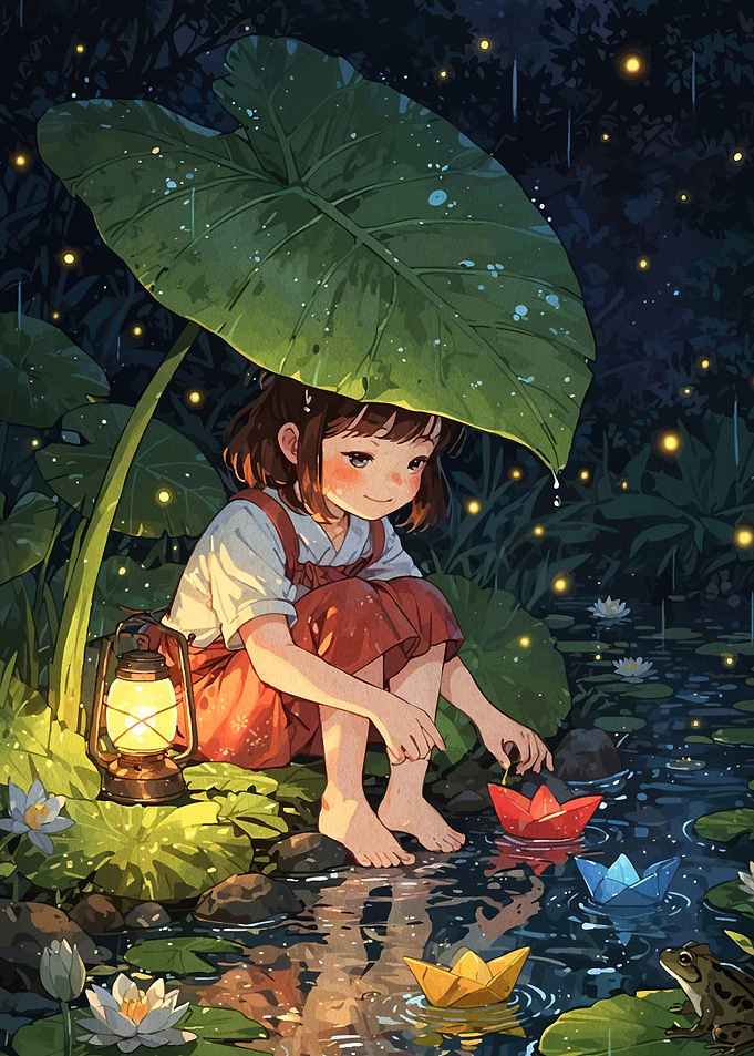 Girl under leaf with paper boats