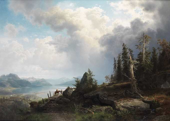 Mountain Lake Landscape with Riders
