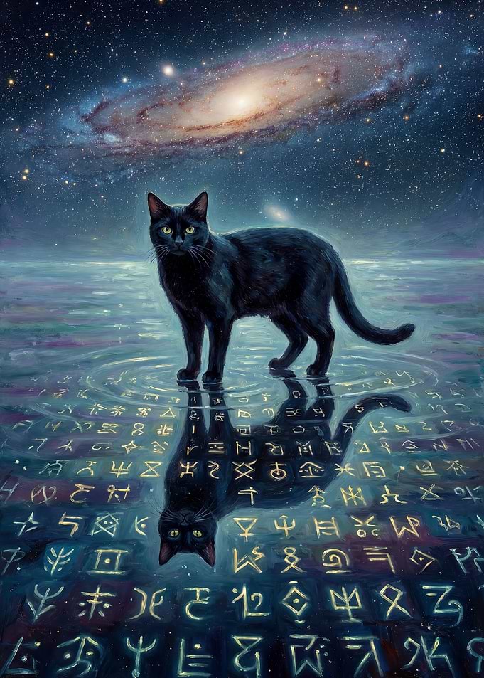 Mystical Black Cat in Cosmic Reflection