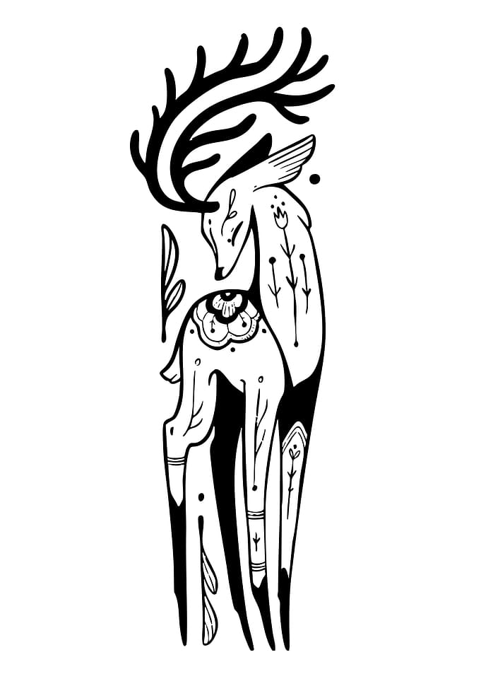 Stylized Deer with Antlers and Flowers