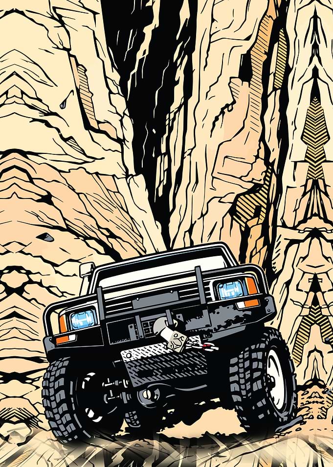Off-road vehicle climbing rocky terrain