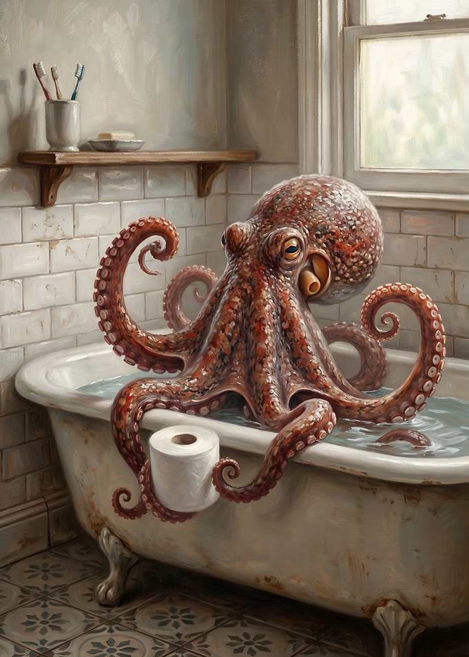 Octopus in a Bathtub with Toilet Paper