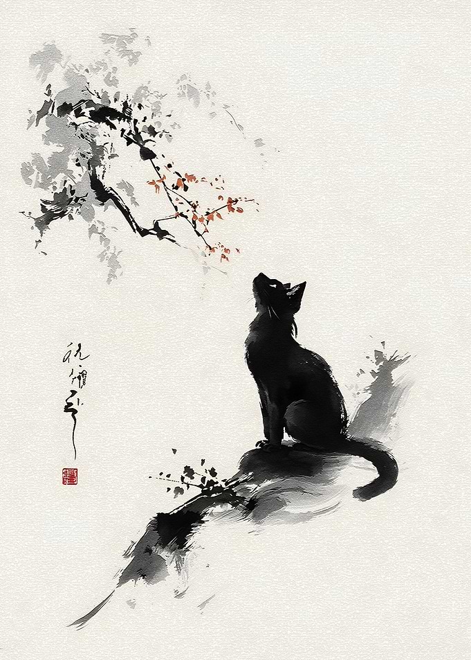 Black Cat Gazing at Cherry Blossoms