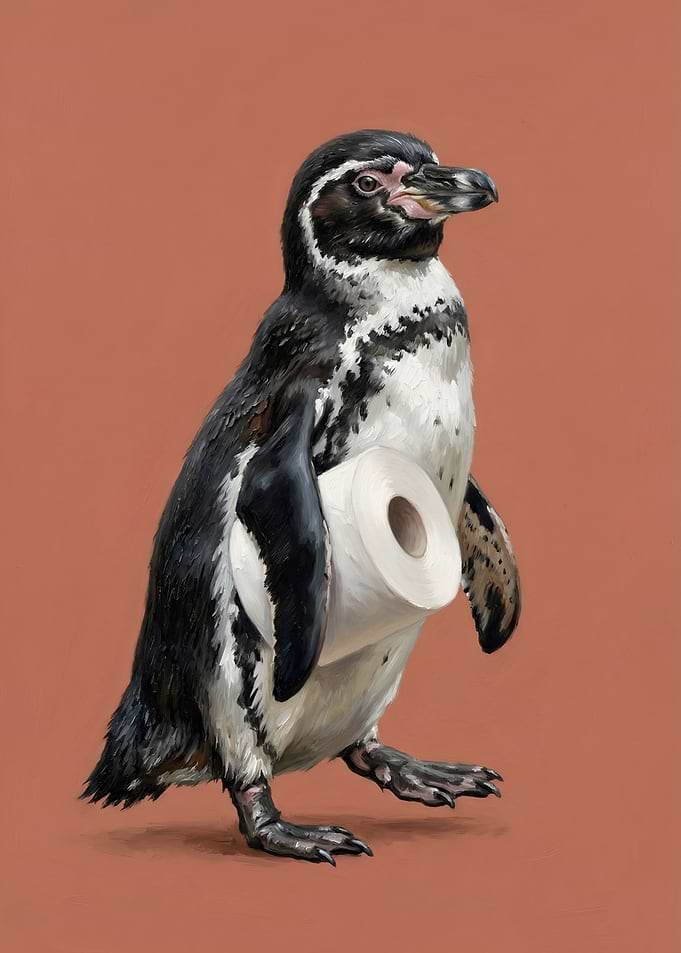 Penguin holding toilet paper