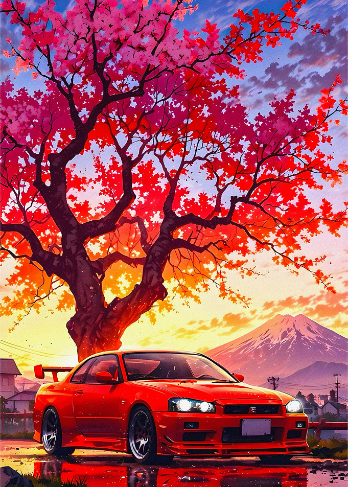 Red Sports Car Under Cherry Blossoms